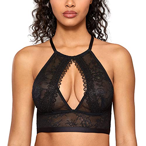 DOBREVA Damen Spitze-BH Neckholder BH ohne Einlagen ohne Bügel Schwarz XS von DOBREVA