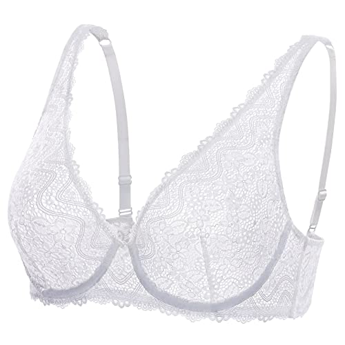 DOBREVA Damen Spitze Bralette Sexy BH mit Bügel Ungefüttert Plunge Comfy Weiss 80E von DOBREVA