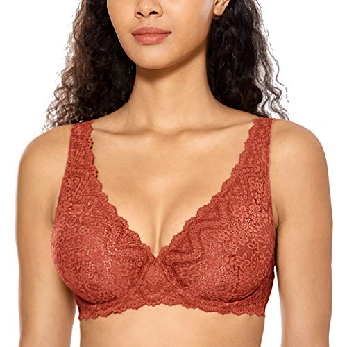 DOBREVA Damen Spitze Bralette Sexy BH mit Bügel Ungefüttert Plunge Comfy Kürbis 75E von DOBREVA