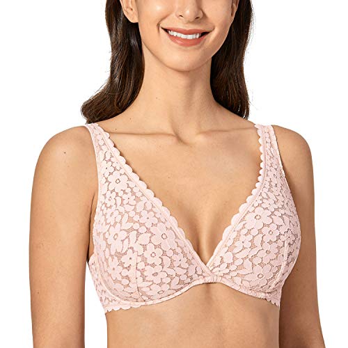 DOBREVA Damen Spitze Bralette Plunge Sexy Minimizer Vollschalen Bügel BH ohne Einlagen Nacktes Rosa 75B von DOBREVA