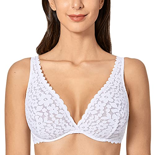 DOBREVA Damen Spitze Bralette Plunge Sexy Minimizer Vollschalen Bügel BH ohne Einlagen Weiss 80B von DOBREVA