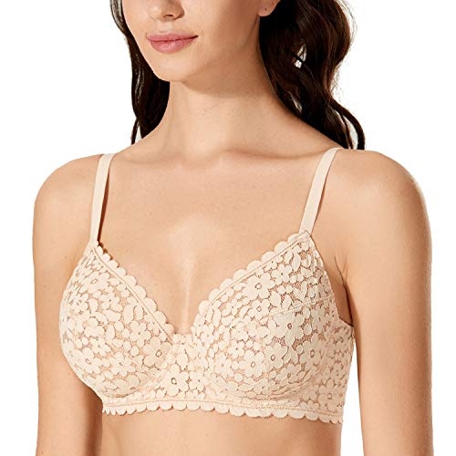 DOBREVA Damen Spitze Bralette Vollschalen Mesh Bügel-BH ohne Einlagen Beige 90C von DOBREVA