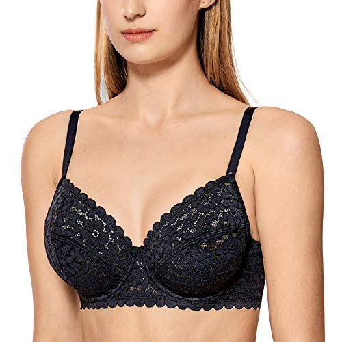 DOBREVA Damen Spitze Bralette Vollschalen Mesh Bügel-BH ohne Einlagen Schwarz 75C von DOBREVA