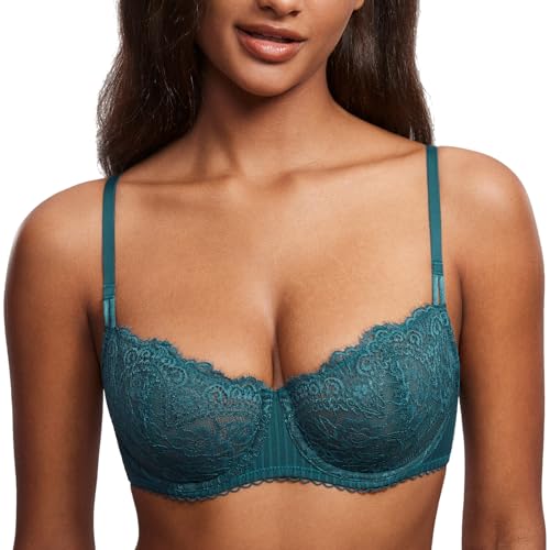 DOBREVA Damen Spitze Dirndl BH Push Up Sexy Balconette BHS Bügel Große Größen Durchsichtig Fichtengrün 70A von DOBREVA