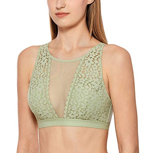 DOBREVA Damen Spitze High Neck Mesh Bralette Top ohne Bügel mit Einlagen BH Avocado-Grün M von DOBREVA