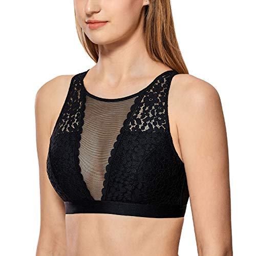 DOBREVA Damen Spitze High Neck Mesh Bralette Top ohne Bügel mit Einlagen BH Schwarz M von DOBREVA