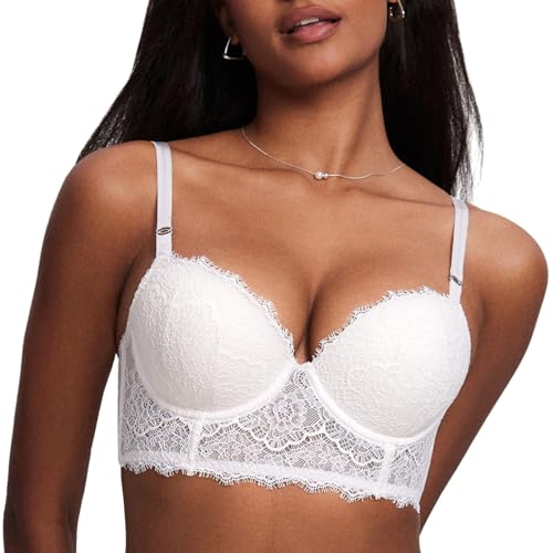 DOBREVA Damen Spitze Korsett Top Bügel Gepolsterter BH Longline Bustier Bralette Kokosnuss Weiß 75C von DOBREVA