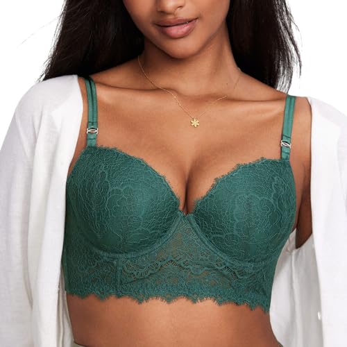 DOBREVA Damen Spitze Korsett Top Bügel Gepolsterter BH Longline Bustier Bralette Mitternachtssmaragd 75C von DOBREVA