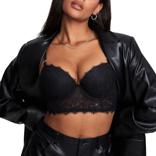 DOBREVA Damen Spitze Korsett Top Bügel Gepolsterter BH Longline Bustier Bralette Schwarz 70E von DOBREVA