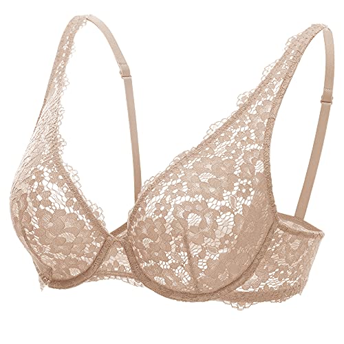 DOBREVA Damen Spitzen BH Sexy Bralette mit Bügel Minimizer ohne Einlagen Beige 75B von DOBREVA