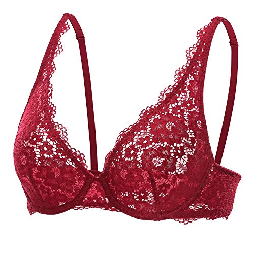 DOBREVA Damen Spitzen BH Sexy Bralette mit Bügel Minimizer ohne Einlagen Cerise 70D von DOBREVA