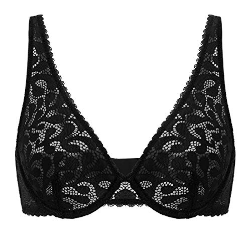 DOBREVA Damen Spitzen BH Sexy Plunge Bralette mit Bügel ohne Polster Schwarz 75A von DOBREVA