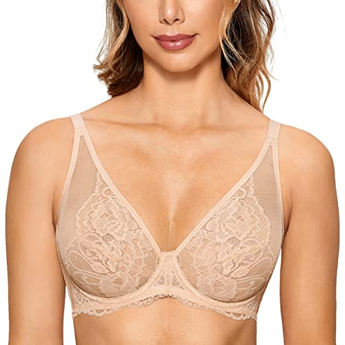 DOBREVA Damen Spitzen BH mit Bügel Minimizer Große Größen ohne Polster Beige 85A von DOBREVA