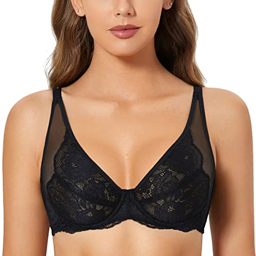 DOBREVA Damen Spitzen BH mit Bügel Minimizer Große Größen ohne Polster Schwarz 80C von DOBREVA
