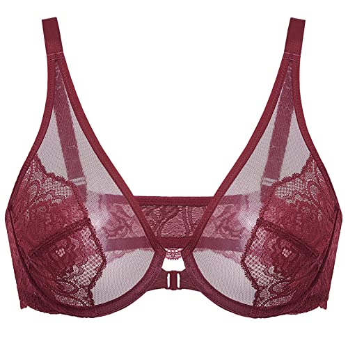 DOBREVA Damen Spitzen Bügel BH Große Größen mit Vorderverschluss Ohne Polster Dunkelrot 95G von DOBREVA