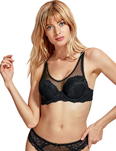 DOBREVA Damen Spitzen Bügel-BH Licht Einlagen Mit Transparent mesh Schwarz 85D von DOBREVA