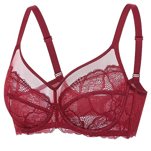 DOBREVA Damen Spitzen Minimizer BH mit Bügel Große Brüste Sexy Vollschalen Ungefüttert Chinesisches Rot 70G von DOBREVA