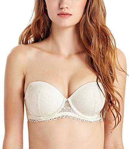 DOBREVA Damen Spitzen Trägerloser BH Bandeau Plunge mit Bügel und Einlagen Elfenbein 70B von DOBREVA