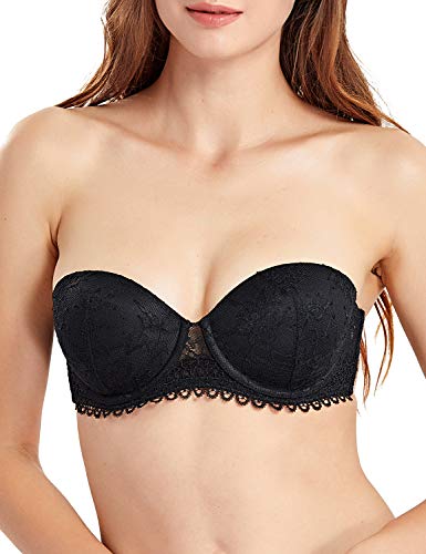 DOBREVA Damen Spitzen Trägerloser BH Bandeau Plunge mit Bügel und Einlagen Schwarz 80C von DOBREVA