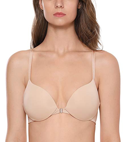 DOBREVA Damen T-Shirt Vorderverschluss Push Up Mesh Bügel-BH 1 Tasse zugeben Beige 85C von DOBREVA