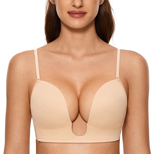 DOBREVA Damen Tief V-Ausschnitt Push Up BH Multiway Convertible Gepolstert BHS ohne Bügel Beige 90C von DOBREVA