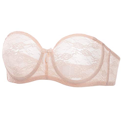 DOBREVA Damen Trägerloser BH mit Bügel Durchsichtig Spitze Dirndl Bandeau BHS mit Transparenten Trägern Aprikosenrosa 80F von DOBREVA