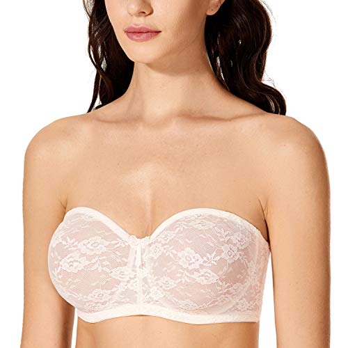 DOBREVA Damen Trägerloser BH mit Bügel Durchsichtig Spitze Dirndl Bandeau BHS mit Transparenten Trägern Rose White 70E von DOBREVA