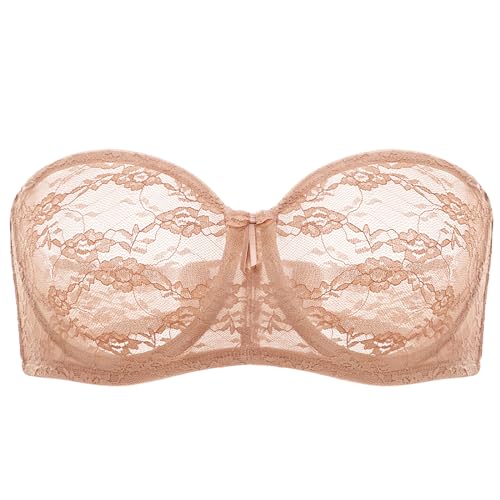 DOBREVA Damen Trägerloser BH mit Bügel Durchsichtig Spitze Dirndl Bandeau BHS mit Transparenten Trägern Sahnekaffee 80A von DOBREVA