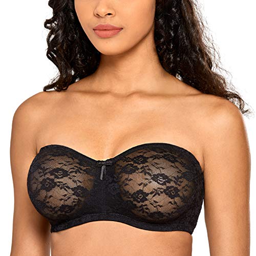 DOBREVA Damen Trägerloser BH mit Bügel Durchsichtig Spitze Dirndl Bandeau BHS mit Transparenten Trägern Schwarz 70B von DOBREVA