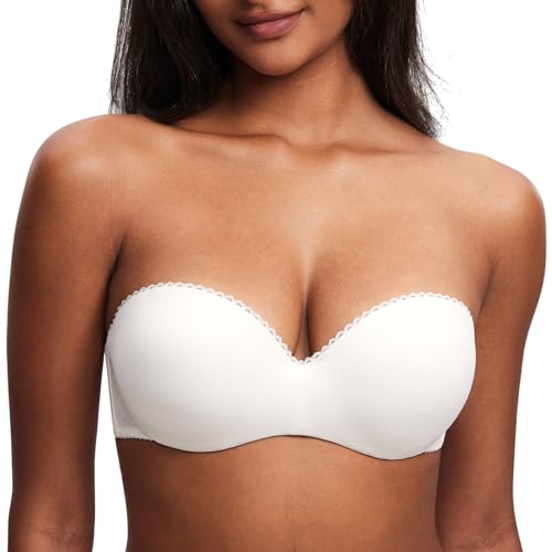 DOBREVA Damen Trägerloser BH Push Up mit Bügel Trägerlos Bandeau BHS Kokosnuss Weiß 70B von DOBREVA