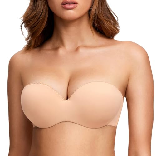 DOBREVA Damen Trägerloser BH Push Up mit Bügel Trägerlos Bandeau BHS Sahne Pfirsich 75B von DOBREVA