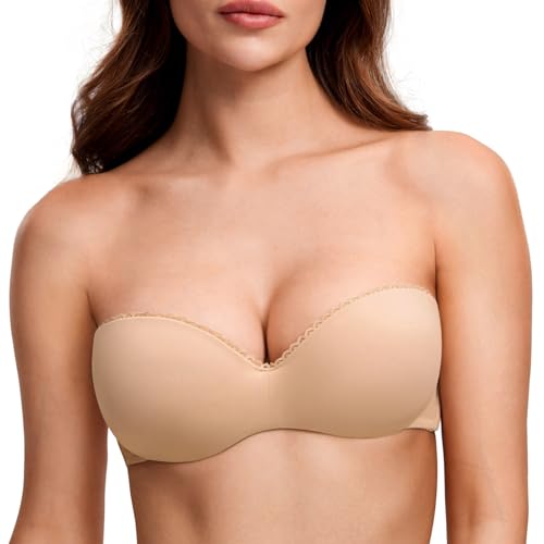 DOBREVA Damen Trägerloser BH Push Up mit Bügel Trägerlos Bandeau BHS Warmes Beige 70D von DOBREVA