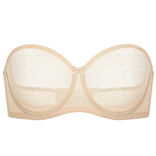 DOBREVA Damen Trägerloser BH Sexy Durchsichtig Bügel BHS Balconette Ungefüttert Große Brüste Beige 75D von DOBREVA