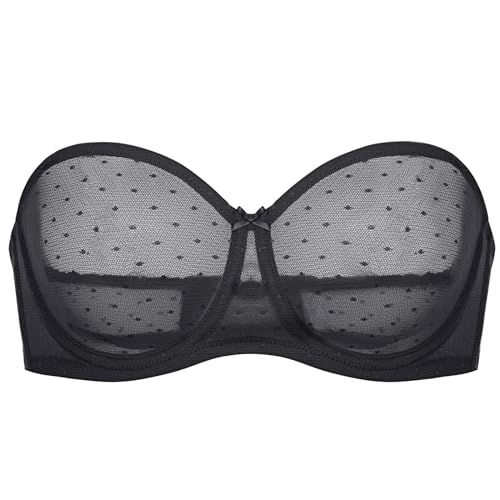 DOBREVA Damen Trägerloser BH Spitze Bandeau Bügel BH Sexy Transparent Ungefüttert Große Brüste Schwarz 80A von DOBREVA