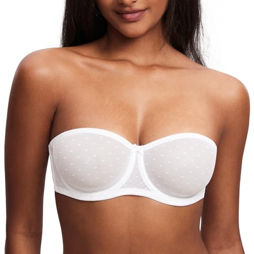 DOBREVA Damen Trägerloser BH Spitze Bandeau Bügel BH Sexy Transparent Ungefüttert Große Brüste Weiss 90D von DOBREVA