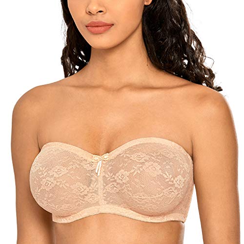 DOBREVA Damen Trägerloser BH mit Bügel Durchsichtig Spitze Dirndl Bandeau BHS mit Transparenten Trägern Beige 70C von DOBREVA