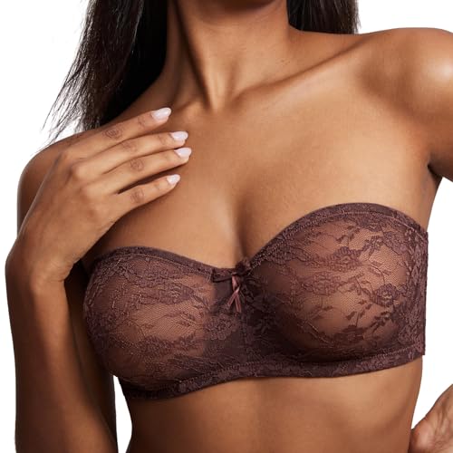 DOBREVA Damen Trägerloser BH mit Bügel Durchsichtig Spitze Dirndl Bandeau BHS mit Transparenten Trägern Haselnuss 80C von DOBREVA