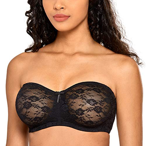 DOBREVA Damen Trägerloser BH mit Bügel Durchsichtig Spitze Dirndl Bandeau BHS mit Transparenten Trägern Schwarz 95E von DOBREVA