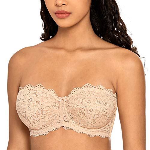 DOBREVA Damen Trägerloser Bandeau BH mit Bügel Einlagen und Spitze Demi BH Beige 75B von DOBREVA