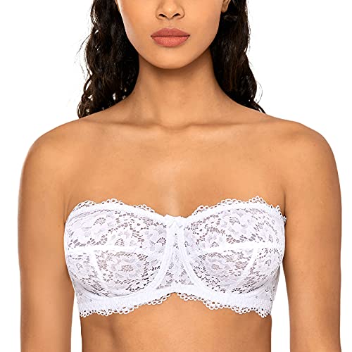 DOBREVA Damen Trägerloser Bandeau BH mit Bügel Einlagen und Spitze Demi BH Weiss 75B von DOBREVA