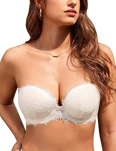 DOBREVA Damen Trägerloser Push Up BH Spitzen Tiefer Ausschnitt Bügel BHS Gepolsterter mit Abnehmbaren Trägern Kokosnuss Weiß 85D von DOBREVA