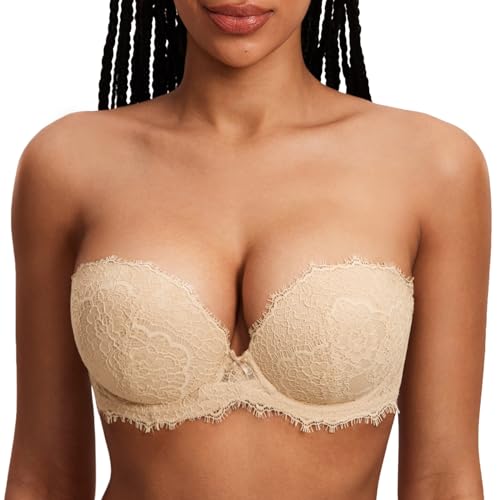 DOBREVA Damen Trägerloser Push Up BH Spitzen Tiefer Ausschnitt Bügel BHS Gepolsterter mit Abnehmbaren Trägern Leichte Haferflocken 75E von DOBREVA