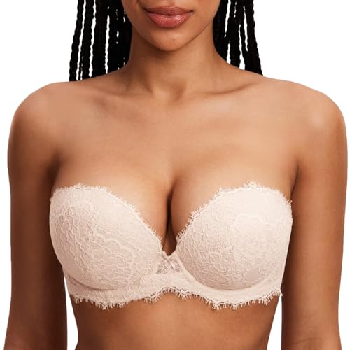 DOBREVA Damen Trägerloser Push Up BH Spitzen Tiefer Ausschnitt Bügel BHS Gepolsterter mit Abnehmbaren Trägern Rose White 70D von DOBREVA