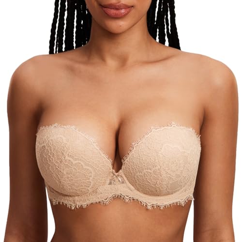 DOBREVA Damen Trägerloser Push Up BH Spitzen Tiefer Ausschnitt Bügel BHS Gepolsterter mit Abnehmbaren Trägern Beige 70A von DOBREVA