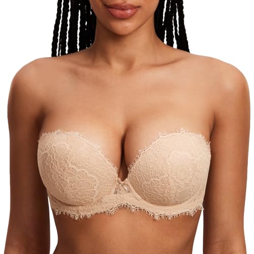 DOBREVA Damen Trägerloser Push Up BH Spitzen Tiefer Ausschnitt Bügel BHS Gepolsterter mit Abnehmbaren Trägern Beige 80B von DOBREVA