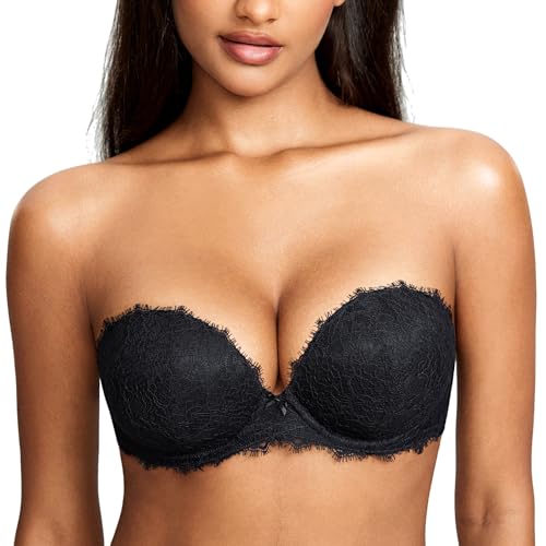 DOBREVA Damen Trägerloser Push Up BH Spitzen Tiefer Ausschnitt Bügel BHS Gepolsterter mit Abnehmbaren Trägern Schwarz 85C von DOBREVA