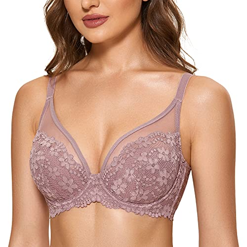 DOBREVA Damen Vollschalen Spitzen BH mit Bügel Gepolstert Große Größen Minimizer Rose Brown 80A von DOBREVA