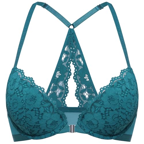 DOBREVA Damen Vorderverschluss BH mit Bügel Push Up Spitzen Neckholder BHS Racerback Tiefer Ausschnitt Gepolsterter Borealis-Grün 80C von DOBREVA
