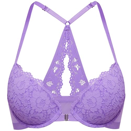 DOBREVA Damen Vorderverschluss BH mit Bügel Push Up Spitzen Neckholder BHS Racerback Tiefer Ausschnitt Gepolsterter Flieder 70A von DOBREVA