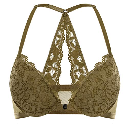 DOBREVA Damen Vorderverschluss BH mit Bügel Push Up Spitzen Neckholder BHS Racerback Tiefer Ausschnitt Gepolsterter Gelbe Olive 80A von DOBREVA